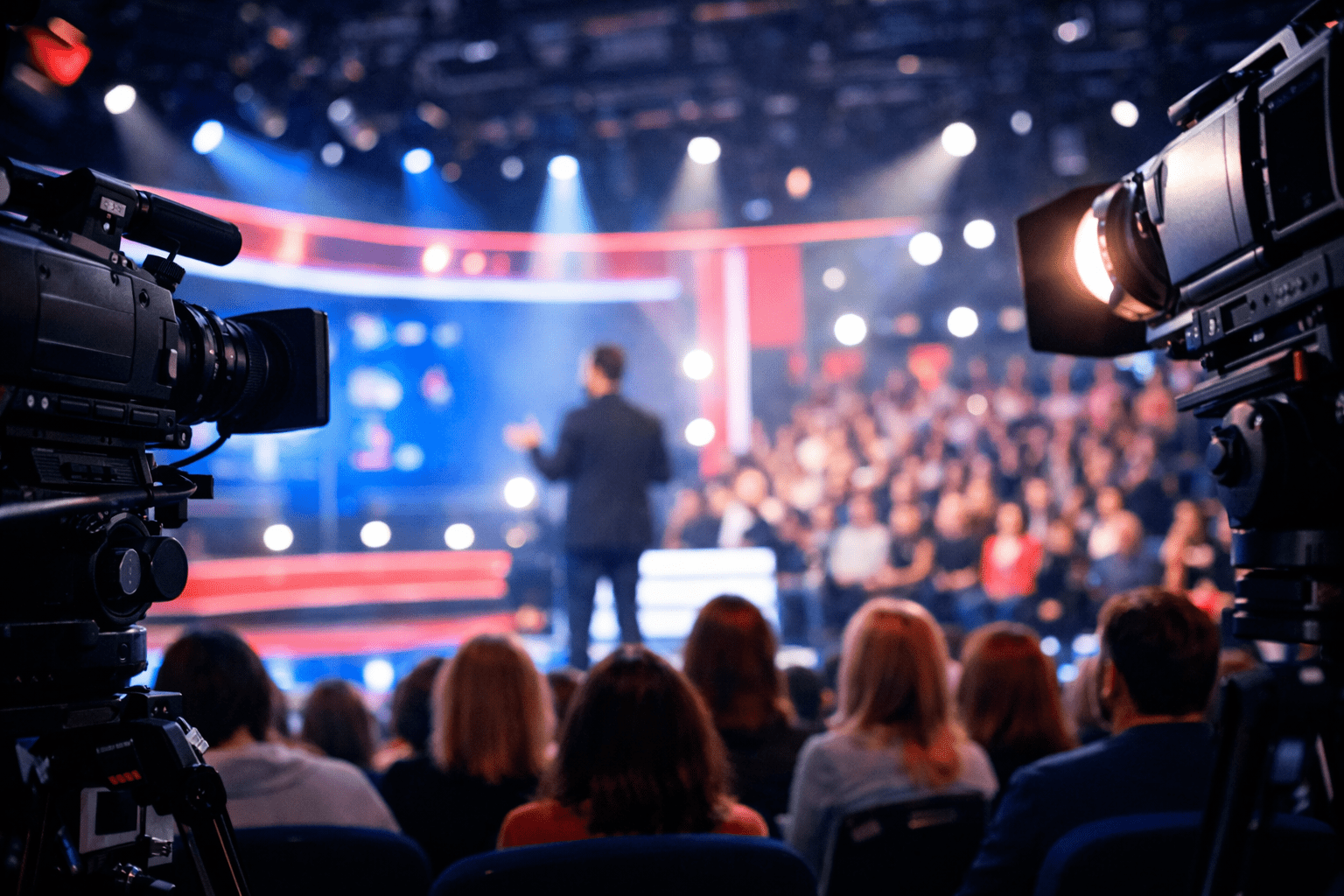 Plateau TV avec public et caméras, émissions et audiences télévisées